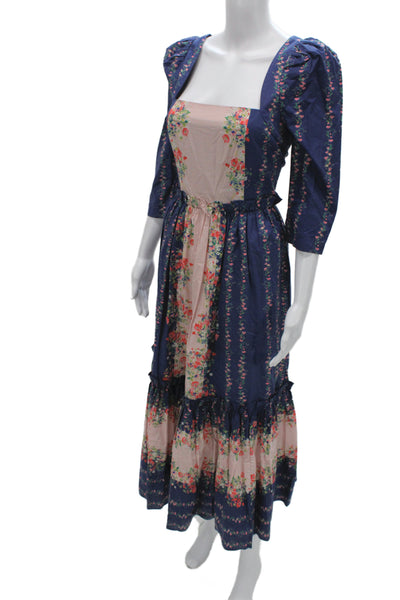 Cara Cara Women Maxi Floral Square Neck 3/4 Sleeve Cotton Bohemian Dress Size 6