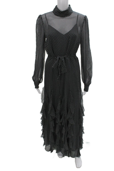 Joie Women Maxi Black Polka Dot Silk High Neck Long Sleeve Dress Zip Size 6
