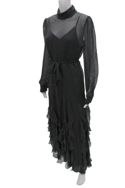 Joie Women Maxi Black Polka Dot Silk High Neck Long Sleeve Dress Zip Size 6