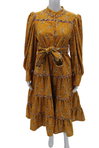 Celia B Women Shirt Dress Yellow Floral Long-Sleeve Collared Midcalf Size S