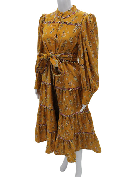 Celia B Women Shirt Dress Yellow Floral Long-Sleeve Collared Midcalf Size S