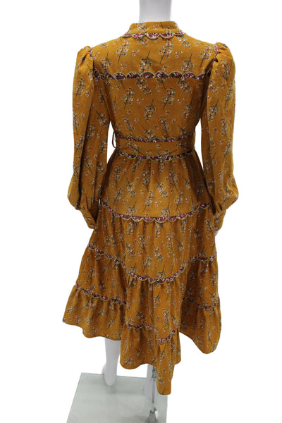 Celia B Women Shirt Dress Yellow Floral Long-Sleeve Collared Midcalf Size S