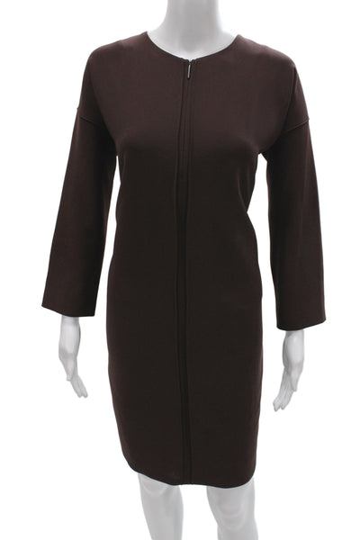 Vince Women Shift Dress Brown Mid-Calf Long Sleeve Round Neck Polyester Size S