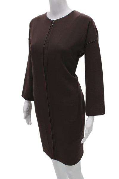 Vince Women Shift Dress Brown Mid-Calf Long Sleeve Round Neck Polyester Size S