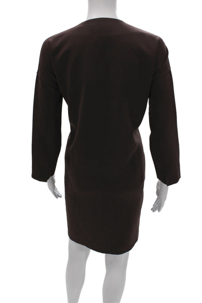 Vince Women Shift Dress Brown Mid-Calf Long Sleeve Round Neck Polyester Size S