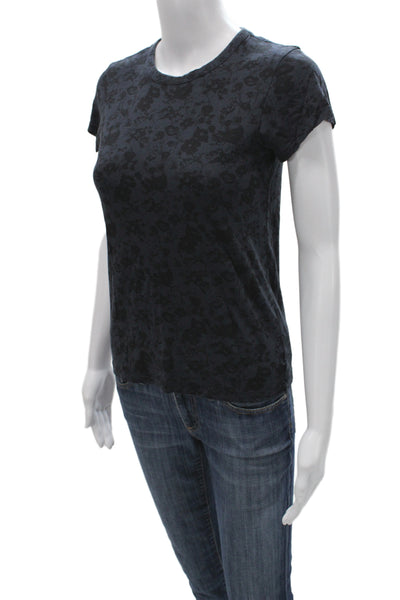 Rag & Bone Women Black Floral Cotton Crew Neck Short Sleeve T-Shirt Size XS