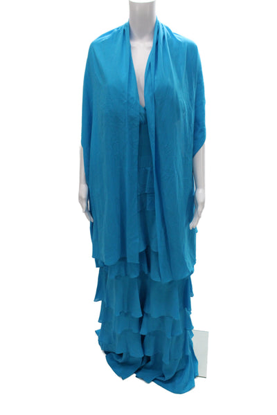 Badgley Mischka Women Blue Silk Halter Maxi Dress Sleeveless Size 14