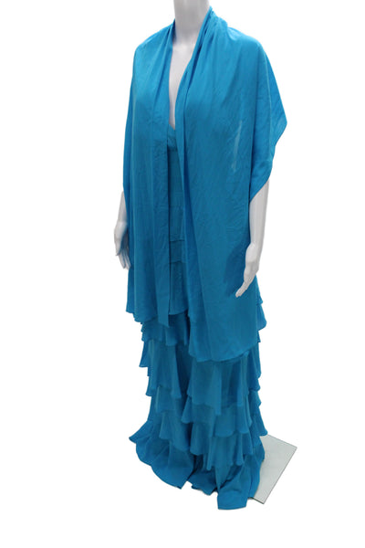 Badgley Mischka Women Blue Silk Halter Maxi Dress Sleeveless Size 14