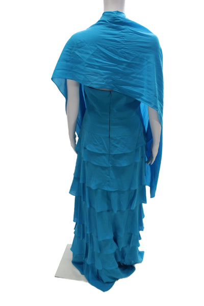 Badgley Mischka Women Blue Silk Halter Maxi Dress Sleeveless Size 14