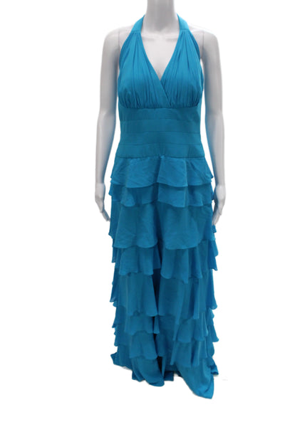 Badgley Mischka Women Blue Silk Halter Maxi Dress Sleeveless Size 14