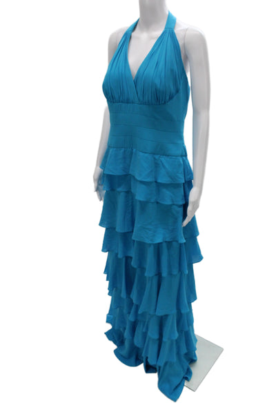 Badgley Mischka Women Blue Silk Halter Maxi Dress Sleeveless Size 14