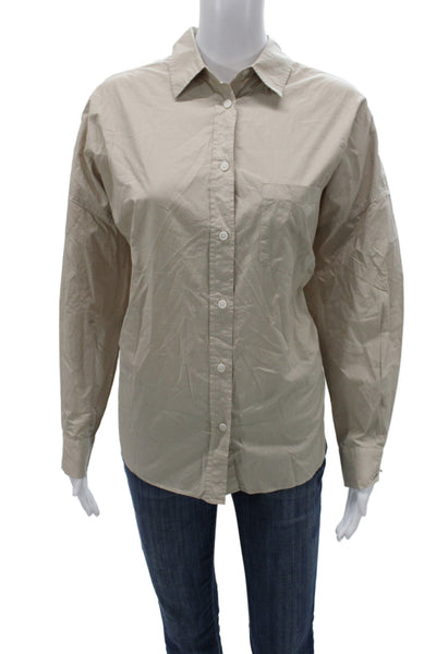 LMND Women Collared Cotton Basic Button-Up Beige Long Sleeve Size M