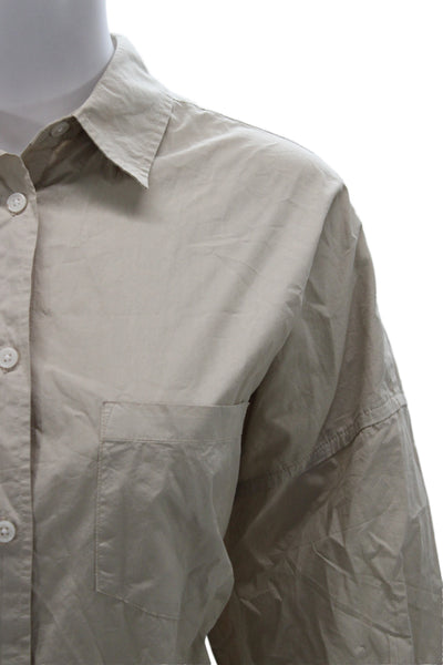 LMND Women Collared Cotton Basic Button-Up Beige Long Sleeve Size M