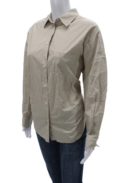 LMND Women Collared Cotton Basic Button-Up Beige Long Sleeve Size M