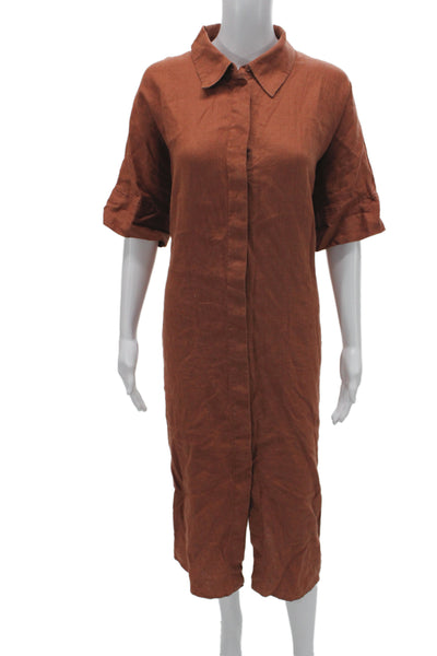COS Women Linen Brown Shirt Dress Half Sleeve Collared Knee Length Size S