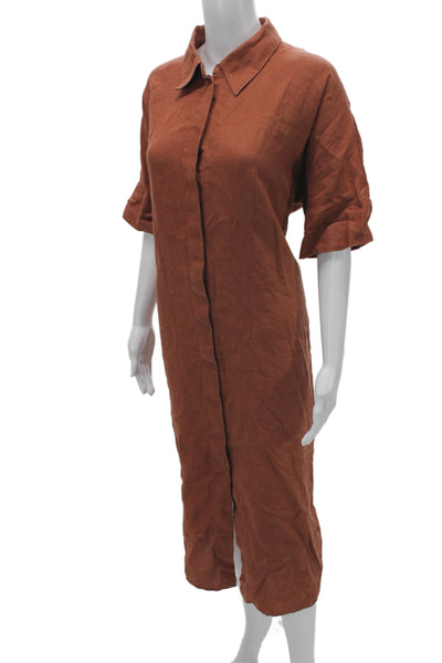 COS Women Linen Brown Shirt Dress Half Sleeve Collared Knee Length Size S