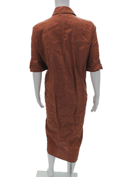 COS Women Linen Brown Shirt Dress Half Sleeve Collared Knee Length Size S