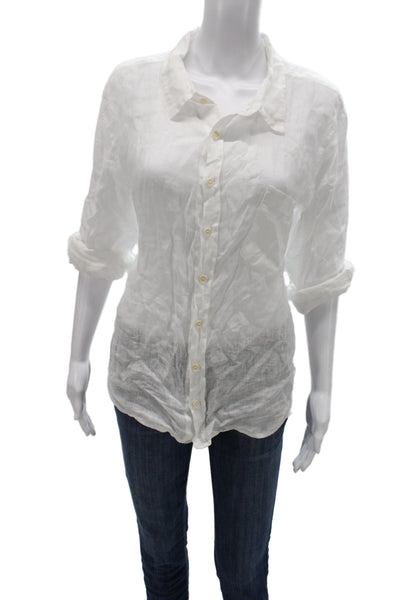 Shirt Womens Linen Collared Long Sleeve Button Up White Basic Beach Size L