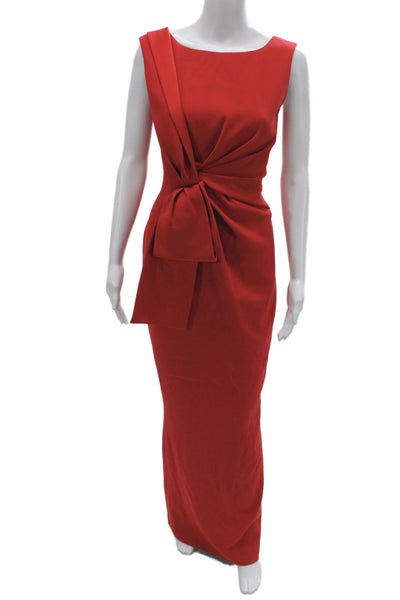 Paule Ka Women Sheath Dress Red Triacetate Sleeveless Boat Neck Long Size 38