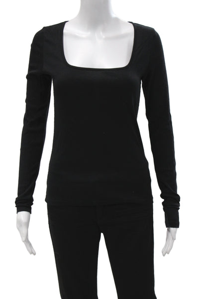 Vince Women Black Pima Cotton Square Neck Long Sleeve T-Shirt Size M