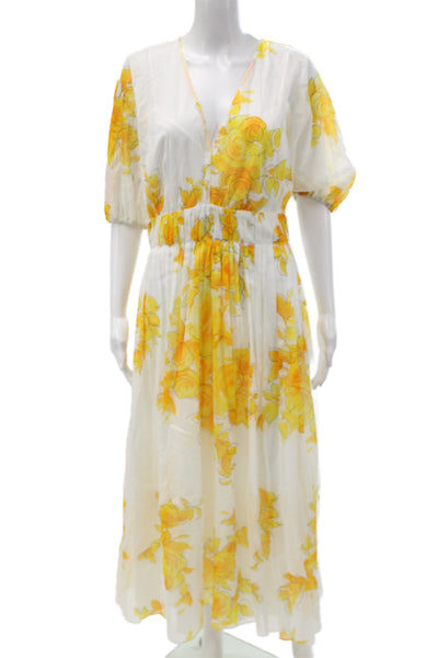 Lela Rose Women Maxi Dress White Floral V-Neck Short Sleeve Cotton Size 8