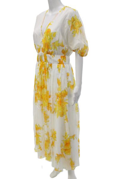 Lela Rose Women Maxi Dress White Floral V-Neck Short Sleeve Cotton Size 8