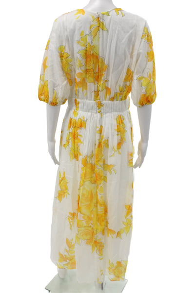 Lela Rose Women Maxi Dress White Floral V-Neck Short Sleeve Cotton Size 8
