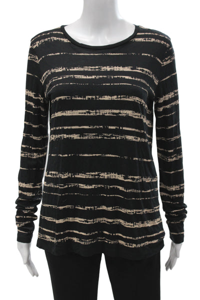 Vince Women Striped Cotton Crew Neck Long Sleeve T-Shirt Black Size S