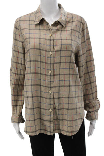 Jenni Kayne Womens Beige Plaid Cotton Collared Button-Up Long Sleeve Top Size M