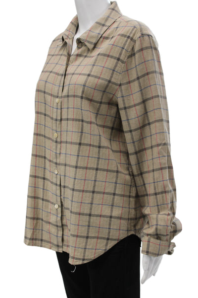 Jenni Kayne Womens Beige Plaid Cotton Collared Button-Up Long Sleeve Top Size M