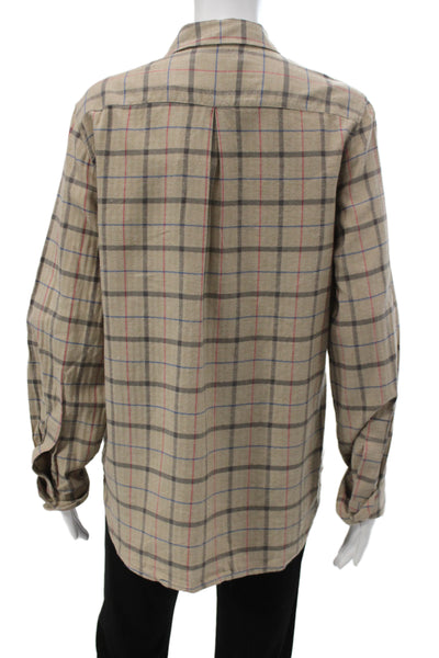 Jenni Kayne Womens Beige Plaid Cotton Collared Button-Up Long Sleeve Top Size M