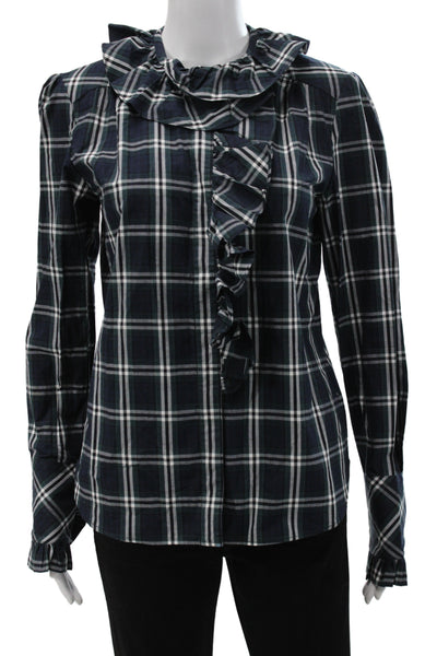 Cara Cara Women Green Plaid Collared Button Long Sleeve Cotton Blouse Size S