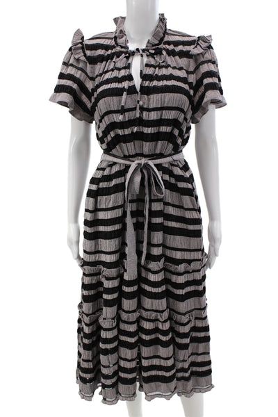 Hunter Bell Women A-Line Dress Black Striped High-Neck Short-Sleeve Size S