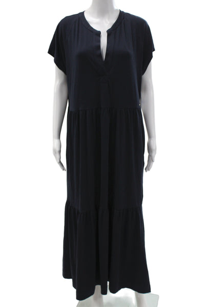 DKNY Women Maxi Dress Blue V Neck Cotton Short Sleeve Boho Size XL