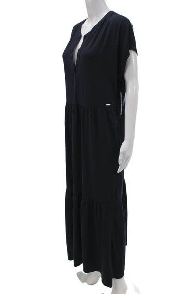 DKNY Women Maxi Dress Blue V Neck Cotton Short Sleeve Boho Size XL