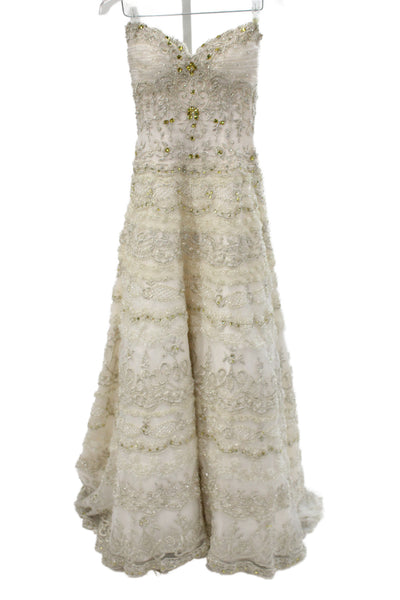 Stephen Yearick Women Strapless Embroidered A-Line Long Dress Ivory Size 2