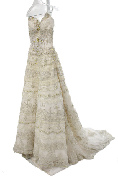 Stephen Yearick Women Strapless Embroidered A-Line Long Dress Ivory Size 2