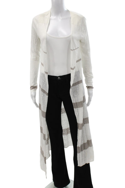 Cabi Women Ivory Linen Striped V-Neck Cardigan Long Sleeve Size XS