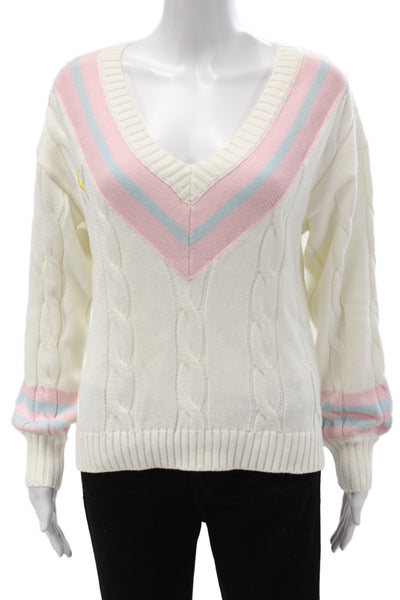 Love Shack Fancy Women Ivory Striped V Neck Pullover Sweater Size XS