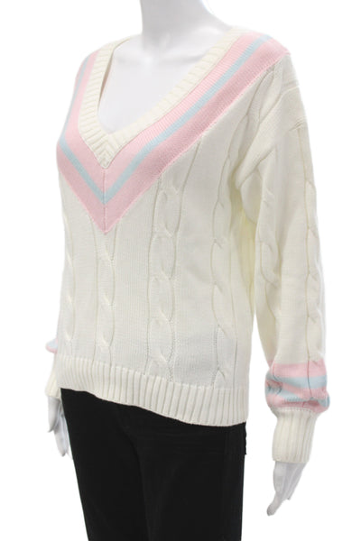 Love Shack Fancy Women Ivory Striped V Neck Pullover Sweater Size XS