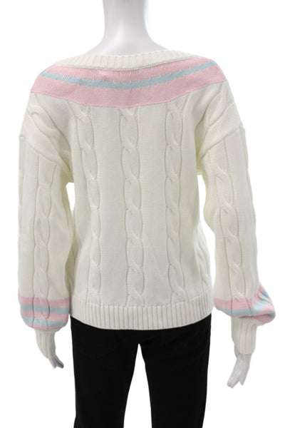 Love Shack Fancy Women Ivory Striped V Neck Pullover Sweater Size XS