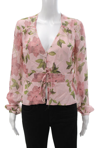 Intermix Women Silk Floral V Neck Long Sleeve Blouse Button Pink Size 6