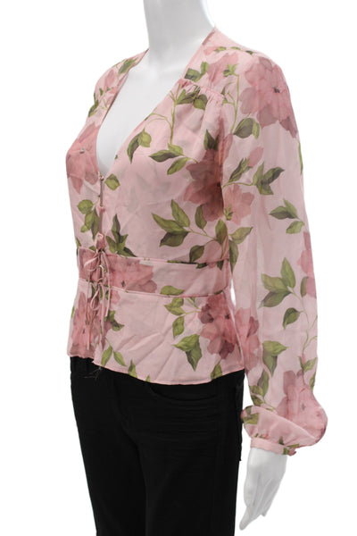 Intermix Women Silk Floral V Neck Long Sleeve Blouse Button Pink Size 6
