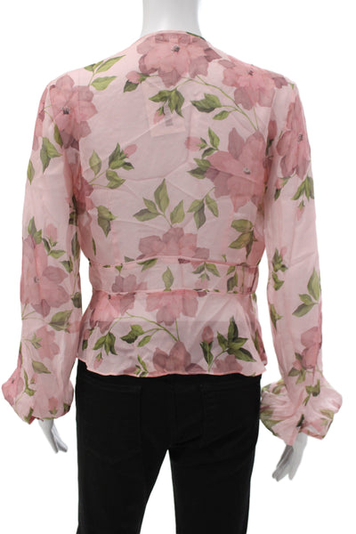 Intermix Women Silk Floral V Neck Long Sleeve Blouse Button Pink Size 6