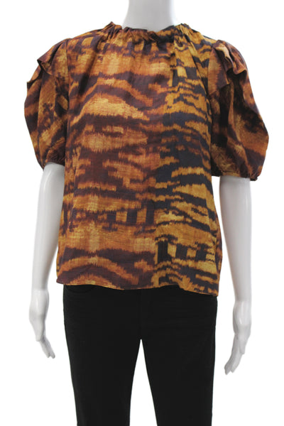 Ulla Johnson Women Silk Brown Animal Print High Neck Blouse Short Sleeve Size 4