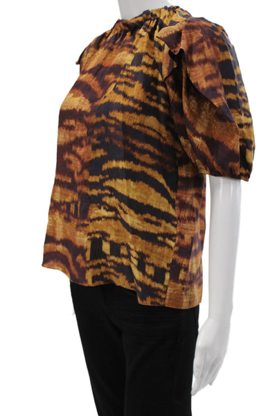 Ulla Johnson Women Silk Brown Animal Print High Neck Blouse Short Sleeve Size 4