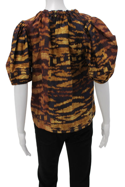 Ulla Johnson Women Silk Brown Animal Print High Neck Blouse Short Sleeve Size 4