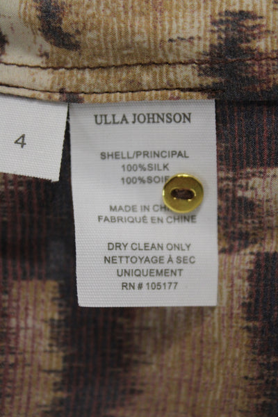 Ulla Johnson Women Silk Brown Animal Print High Neck Blouse Short Sleeve Size 4