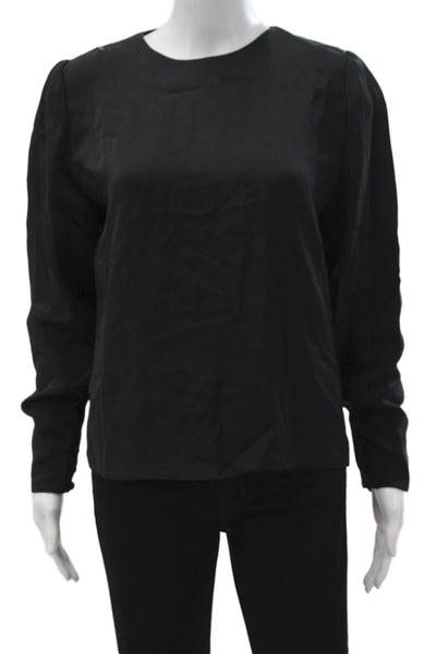 Bette Wacht Womens Basic Silk Blouse Black Long Sleeve Round Neck Zip Size M