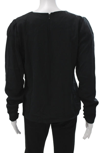 Bette Wacht Womens Basic Silk Blouse Black Long Sleeve Round Neck Zip Size M